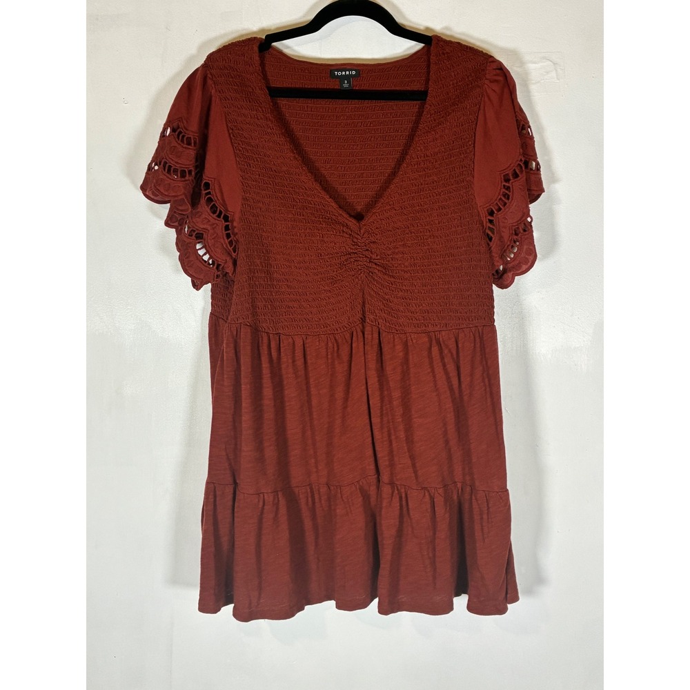 Torrid 3X Rust Orange Smocked Babydoll Tunic Top Eyelet Flutter Sleeve